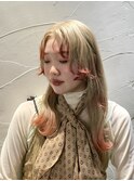 ハイトーンミルクティーベージュ オレンジ裾カラー Y2K 北千住