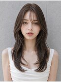 シースルーバングレイヤーカットヘーゼルベージュ前髪カット
