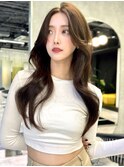 韓国風レイヤーカット くびれロング オリーブベージュ かきあげ