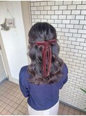 ハーフアップ お呼ばれヘア ベロアリボン ウェーブ巻き