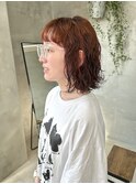 オレンジブラウン　ボブパーマ　ウェーブ　くるくる