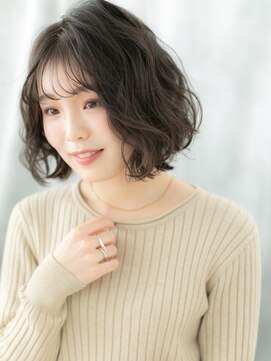 大人可愛いマロンベージュひし形ボブパーマr古河30代40代