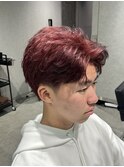 ツーブロックアップバングショートメンズブリーチワインレッド