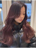 チェリーレッドカラー10代20代艶髪ロングヘアブリーチ