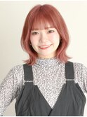 くびれミディアムにシースルーバング x ダスティピンク