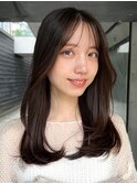 ミディアムレイヤー シースルーバング ココアブラウン 内巻き
