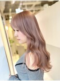 ピンクベージュ　顔まわりレイヤー　透明感カラー
