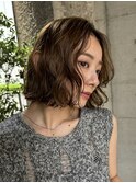 ミディアムパーマデジタルパーマボブパーマチェリーブラウン前髪