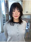 ★ウルフカットレイヤーカットミディアムウルフパーマ黒髪ウルフ