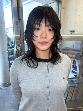 ★ウルフカットレイヤーカットミディアムウルフパーマ黒髪ウルフ