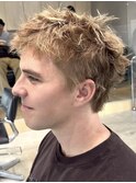 大分メンズボブサーフカール波巻きパーマセンターパートウルフ