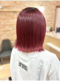 チェリーレッドワインレッドブリーチなしミディボブ暖色カラー