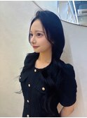 ロング前髪なし顔まわりレイヤーブルーブラック