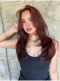 透明感カラーレッドグレージュワンカールスタイリング10代20代
