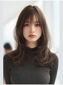 顔周りカットハッシュカットダークブラウンワンホンレイヤー韓国