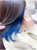 インナーカラーイメチェンネイビーブルーインディゴ韓国風ボブ