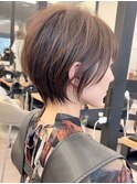 黒髪オリーブグレー小顔大人ショートボブ明るい白髪染め