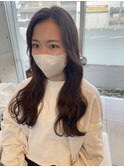 暗髪暖色系ピレンジカラー ウェーブロング前髪なし