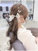 リボン×パールの編み込みツイン