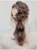 ゆる編み×ウェーブポニー×リボン×ドライフラワー