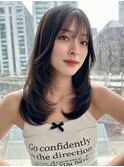 ロングレイヤーハイレイヤーオリーブベージュ内巻きレイヤー