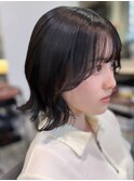 5812黒髪アッシュブラック韓国ヘア波巻きボブワンカールパーマ