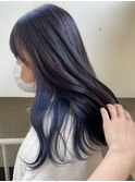 △ブリーチありインナーカラーイヤリングカラーブルー暗髪ロング