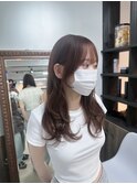 ピンクブラウン/S字バング後れ毛/やる巻きウェーブ