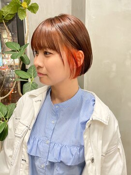 テトヘアー(teto hair) オレンジカラーインナーカラーオレンジブラウンショートボブ