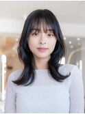 ハッシュカット韓国レイヤーフルバングアッシュブラック小顔