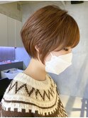 オレンジベージュショート 透明感カラー 前髪あり 簡単セット