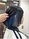 インナーカラーブルーアッシュブリーチダブルカラー丸みボブ横浜