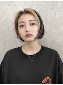 バングカラー前髪インナーカラーボブナチュラルボブベージュ30代