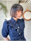 ミニボブインナーカラーぱっつんボブブリーチカラー前髪カット