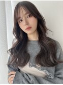 ロングレイヤーカット 前髪パーマ グレージュ 顔周りカット