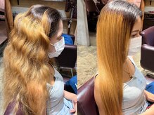 ハイダメージ、エイジング毛、ブリーチ毛のクセ毛改善→酸性ストレート(縮毛矯正)【立川駅・立川・立川口】