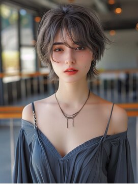 ムウ 難波(MOU) ショートボブルフ黒髪ネビージュ小顔ワンレン20代30代40代50代