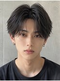 黒髪韓国風フェザーパーマシースルーコンマバングセンターパート