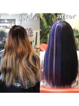 ボンビィヴァン(bon-vivant) 左右非対称ヘアカラー&ハイライトにシールエクステ