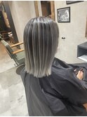 バレイヤージュ、ハイライト、レイヤーロング、グレーベージュ