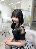 小顔薄めバンググレージュレイヤーロング前髪パーマ黒髪