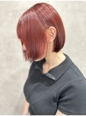 レッドブラウン/ミニボブ/切りっぱなし/ブリーチなし