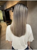 バレイヤージュ、ハイライト、レイヤーロング、グレーベージュ