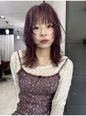 顔まわりレイヤー/セミロング/パープルブラウン/デザインカラー