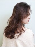 ブリーチなしブラウンベージュ 長め前髪ロング 韓国風レイヤー