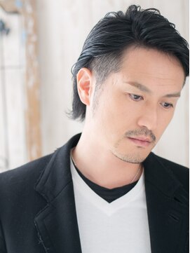 メンズヘア ビーセカンド 草加店(MENS HAIR B-2) 清潔感オールバックブラック短髪ウルフフェードスタイルa1草加