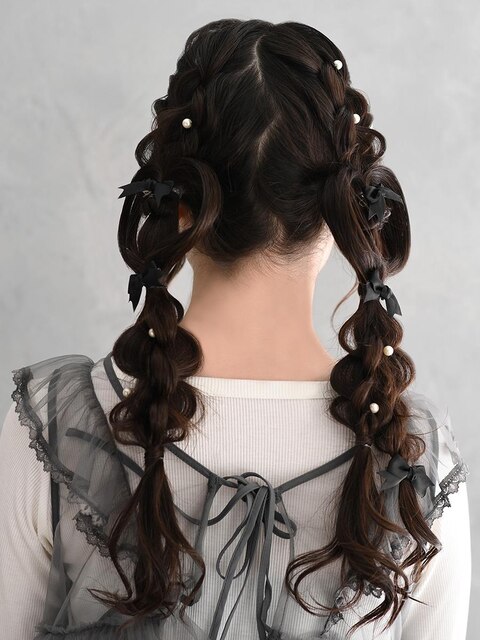 ヘアゴムエクステ♡ツインテール アレンジデザイン40 延びれ 赤×黒