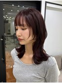 横浜/ミディアムレイヤー/顔まわりカット/ワインレッド