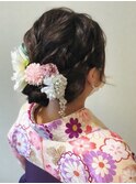 卒業式ヘアセット　袴着付け　下めシニヨン　編み込み
