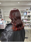ブリーチ無しレッドカラー×インナーカラー×ビビットオレンジ